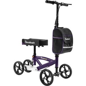 BlessReach Steerable Knee Walker Deluxe Medical Scooter for Foot Injuries Compact Crutches, with Dual Rear on-Wheel Brake and Shock Absorption Under The Knee pad（Purple）