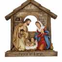 Nativity Sculpture - Carved Resin Holy Family with Angel Christmas Figurine, 9.25" Tall, in The Stable