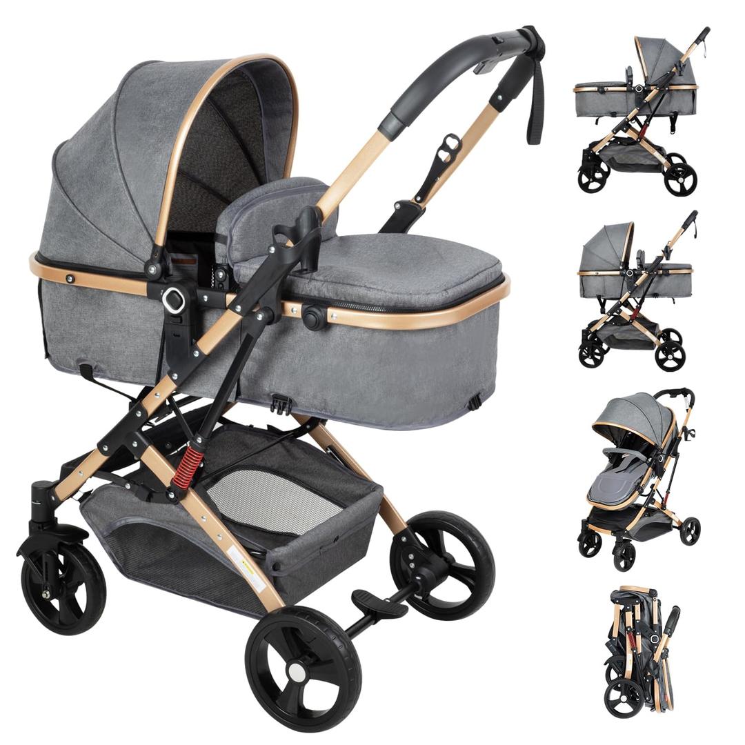 2 in 1 Baby Stroller Newborn Stroller Foldable Convertible Infant Stroller Pushchair Folding High Landscape Infant Carriage,Toddler Pushchair Gray Baby Stroller