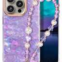 Compatible with iPhone 15 Pro Case for Women Girls, Slim Fit Stylish Cute Phone Case for iPhone 15 Pro with Flower Phone Charm Lanyard Wrist Strap, Hard Protective Case 6.1 Inch Purple Marble
