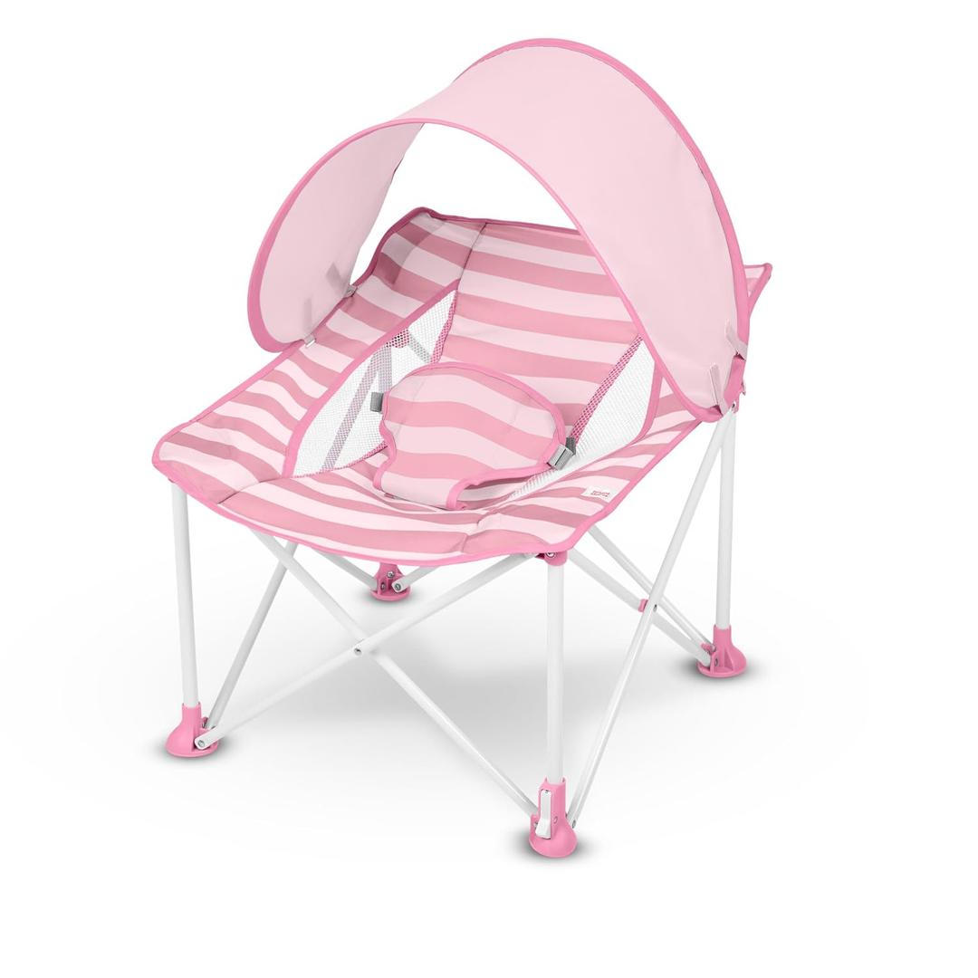 Bright Starts Pop N Chill Baby Chair Travel Seat, Indoor/Outdoor Use, Portable Infant Seat with Removable UPF 50+ Canopy, Pink, 0-6 Months