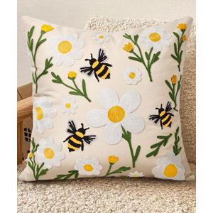 Embroidered Throw Pillow Cover 18x18 Inch - Spring Summer Boho Decorative Pillow Cover with Zipper for Living Room Couch Sofa Bed Aesthetic Design Cushion Pillowcase