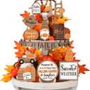 Maitys 21 Pcs Thanksgiving Tiered Tray Decor Set Fall Pumpkin Gnome Truck Scarecrow Wood Sign Rustic Farmhouse Decor Hello Fall Wood Bead Decorative Tabletop Sign for Autumn Thanksgiving Day(Rustic)
