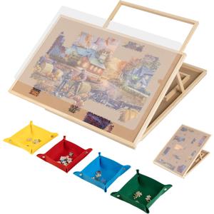 Tektalk Convertible Jigsaw Puzzle Board, Two-Way Use Adjustable Puzzle Table with Cover & 4 Colored Sorting Trays, 4-Tilting-Angle Wooden Plateau, for Up to 1000 Pieces