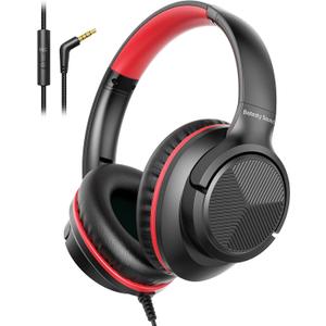 Botesty Sound Headphones Wired with Microphone, Over Ear Foldable 3.5mm Plug in Headphones Corded with 4.9ft Tangle-Free Nylon Cord for Tablet, Laptop, MP3/4, School, Airplane Travel (Black Red)