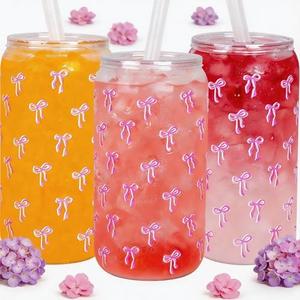 Ciaell 16 PCS Pink Bow Glass Cups with Lids and Straws - 16 Oz Preppy Can Shaped Plastic Glasses - Disposable Cute Iced Coffee Cup for Teen Girls Women Girlfriends Party & Mother's Day