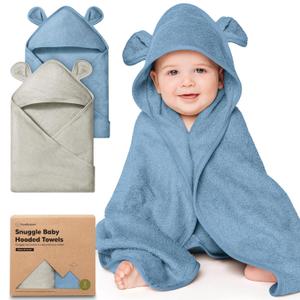KeaBabies 2-Pack Hooded Baby Towels for Newborn - 30x30 Soft & Absorbent Viscose from Bamboo Baby Bath Towels with Hood for Infant, Toddler,Kids,Boys Girls,Newborn Bath Essentials (Steel, Petite)