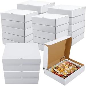 Watersay 25 Pack Half Pan Corrugated Catering Box 13'' x 10-7/8'' x 3'' White Secure Stackable Food Delivery Container Bakery Cardboard Food Storage Boxes for Takeout