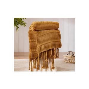 Boho Knitted Chenille Blanket with Tassels - Lightweight & Soft All-Season Throw - 3D Classic Pattern for Living Room Bedroom Couch, Amber Brown, King 90"x108"