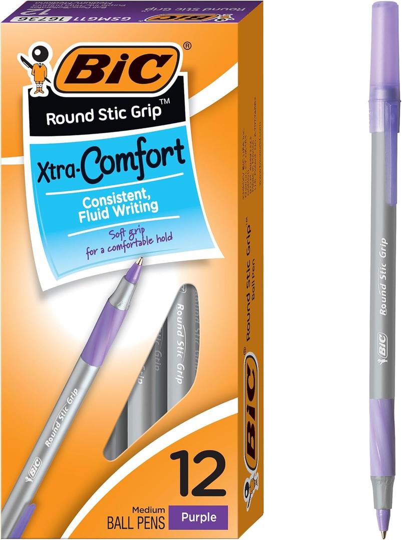BIC Round Stic Grip Xtra Comfort Fashion Ball Point Pen; Purple; 12 Pack