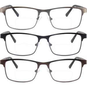 3 Pack Bifocal Reading Glasses for Men Metal Full Frame Bi-focal Readers Clear Top Far/Near Dual-use Eyeglasses,Black/Brown/Gun metal, +3.50