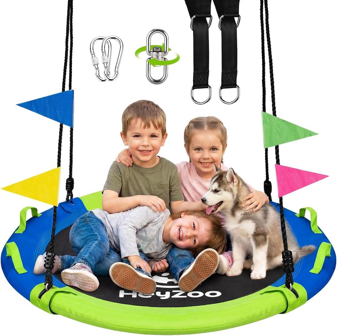 HeyZoo 43 Inch Tree Swing, 900lbs Weight Capacity Saucer Swing Sets for Kids & Adults, with 360 Degree Swivel and Adjustable Hanging Strap, Green and Blue