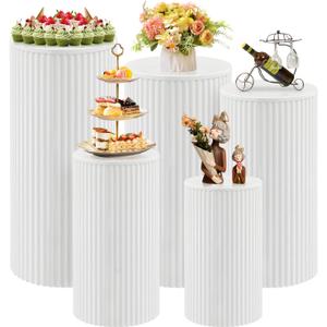 Cylinder Stands for Party, 5Pcs Metal Pleated Cylinder Pedestal Stand Heavy Duty White Cake Cilindros Para Fiestas Parties Round Cylinder Display Flower Plant Stand for Wedding Birthday Party Decor