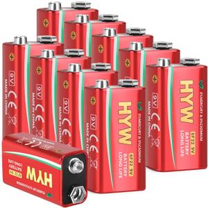 10 Pack 9 Volt Batteries, Long-Lasting 9V Battery for Smoke Detector, Guitar Pedals