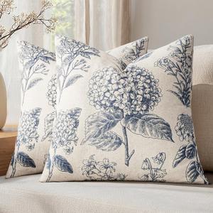 Set of 2 Decorative Floral Neutral Pillow Covers 18x18 Inch Light Blue Hydrangea Print Spring Boho Vintage Throw Cushion Covers for Sofa Couch Porch Bedroom Living Room Summer Home Decor
