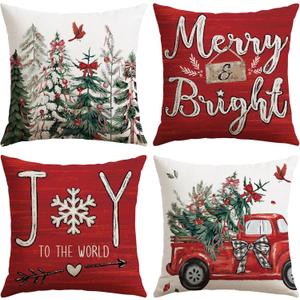 OTOSTAR Red Christmas Pillow Covers 18x18 Inch Set of 4 Xmas Tree Truck Decorations Joy Throw Pillow Covers Winter Holiday Decor Cushion Cases for Bed Home Couch (Truck Red)