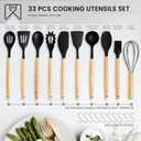 TRANI Kitchen 33- Piece Silicone Cooking Utensil Set with Holder -Compact, Heat Resistant to 446F, Non-Stick & Durable with Natural Wooden Handles, Black Spatula Set - ideal for Upgrade & Replacement