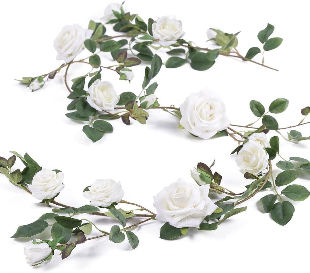 Veryhome Rose Vine Fake Flower Garland Artificial Hanging Rose Ivy Plants 6ft for Wedding Home Party Garden Arrangement Decor Pack of One (White)