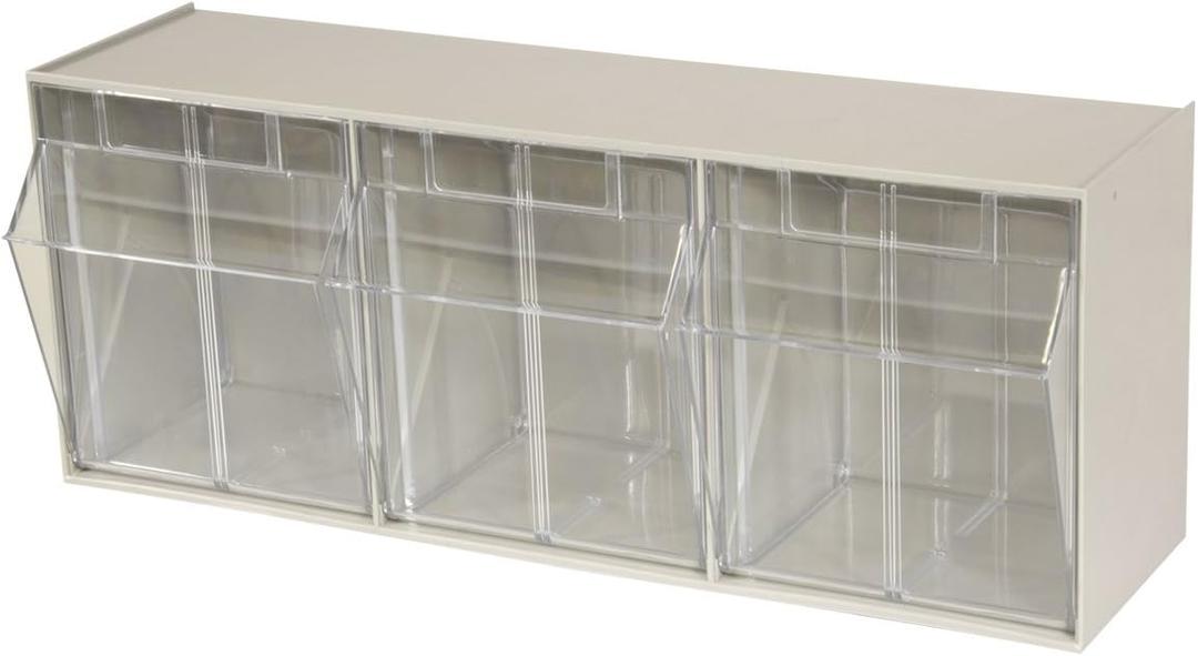 Akro-Mils TiltView Plastic Storage Cabinet with 3 Tilt Out Bins, Horizontal Plastic Parts Organizer, Teacher Toolbox, and Office Supply Organizer, 23-5/8" W x 9-7/16" H x 7-7/8" D, Stone