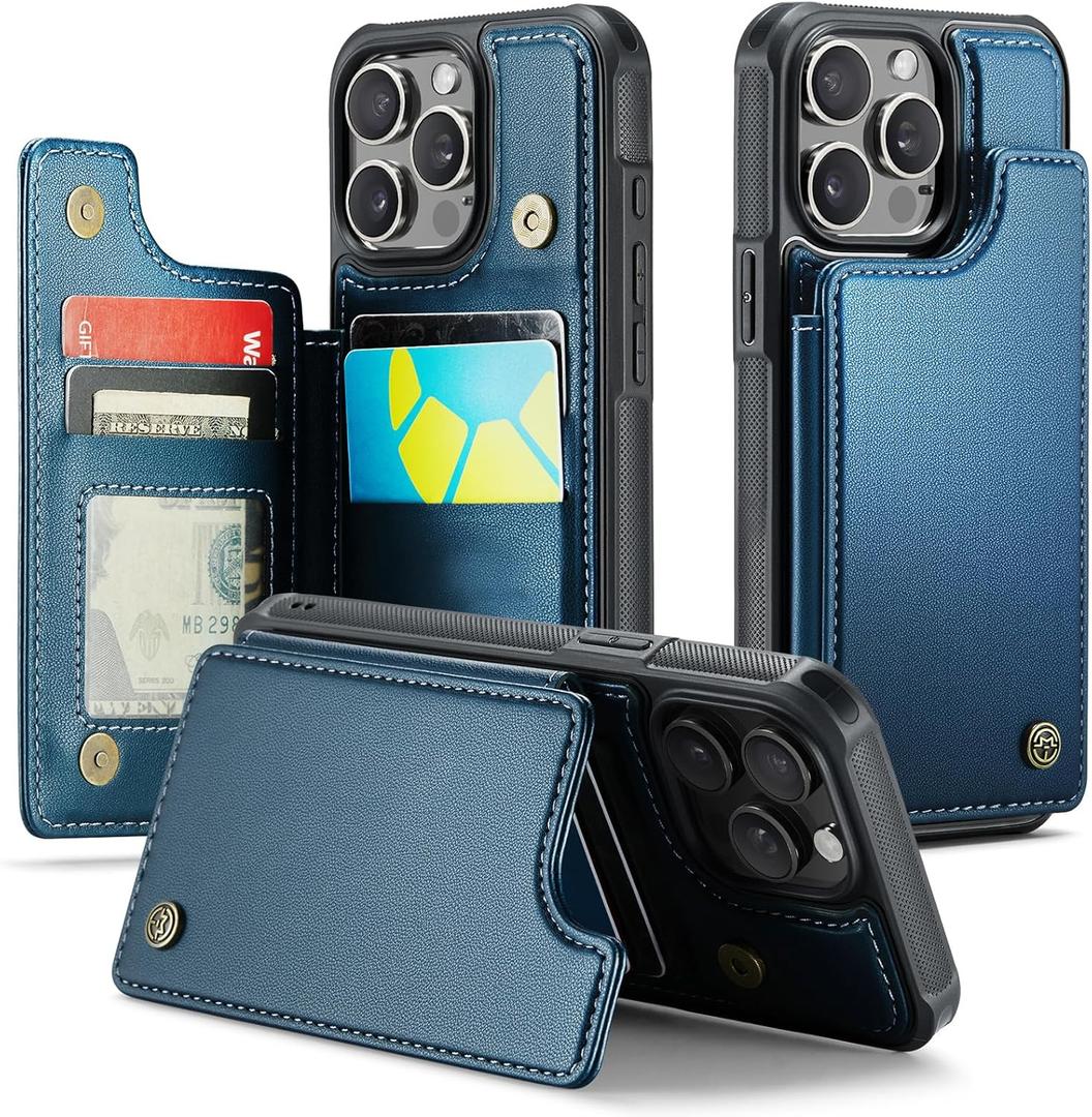 Compatible with iPhone 14 Pro Wallet Case with Card Holder RFID Blocking for Women Men, Double Magnetic Clasp Kickstand Shockproof Phone Case Fit for iPhone 14 Pro, Blue