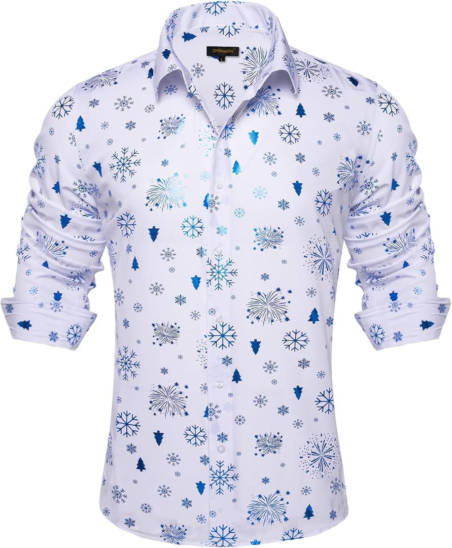 DiBanGu Mens Christmas Dress Shirts for Men Long Sleeve Button Down Xmas Shirts for Party Prom Perform S-3XL (Blue)