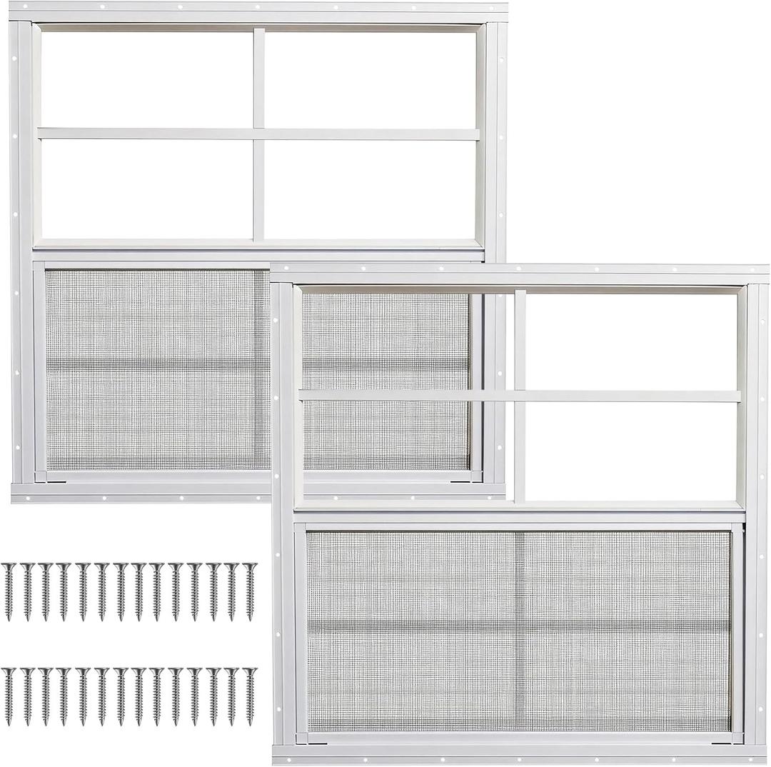 Yuzzy Shed Windows 2 Pack, Chicken Coop Windows 36" x 36" with Tempered Glass and Fiberglass Screen, Flush Mounted Small Window for Shed, Barns, Playhouse, Household, Garage (White)