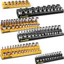 GRENPRO Socket Organizer for Tool Box Drawer, 6pc 143 Metric & SAE Magnetic Socket Holder, 1/4", 3/8", 1/2" Drive Socket Tray Set, Magnetic Socket Organizer