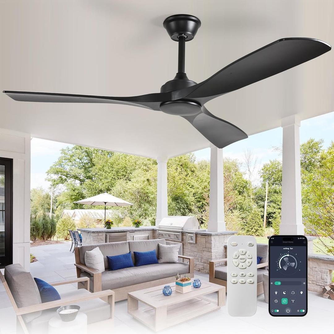 Depuley Ceiling Fan Without Light: 52 Inch 3 Blade Indoor Outdoor Fans for Patios - Black Ceiling Fan No Light Remote APP Control Ultra Quiet DC Motor Reversible 6 Speed Timer