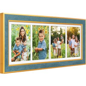 Suede 8x21 Picture Frame Display 4 Opening 5x7 Picture Frames Collage Wall Decor with Mat,Multi Photo Frame for Plexiglass,Wall Decor,1Pack,Blue