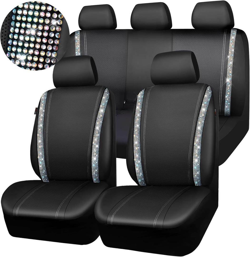 CAR PASS Bling Car Seat Cover Full Set, Shining Rhinestone Diamond Waterproof Leather, Rear with Zipper, Universal Fit 95% Automotive Glitter Sparkle Crystal for Cute Women Girl, Colorful Diamond