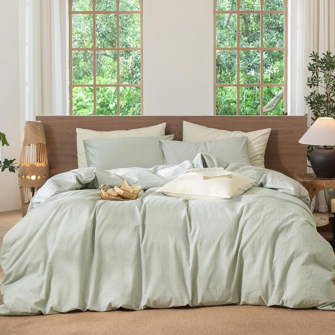 MooMee Striped Duvet Cover Set 100% Washed Cotton Linen Like Textured Breathable Durable Soft Comfy (Sage Green White Pinstripes, Super King 108"x98")