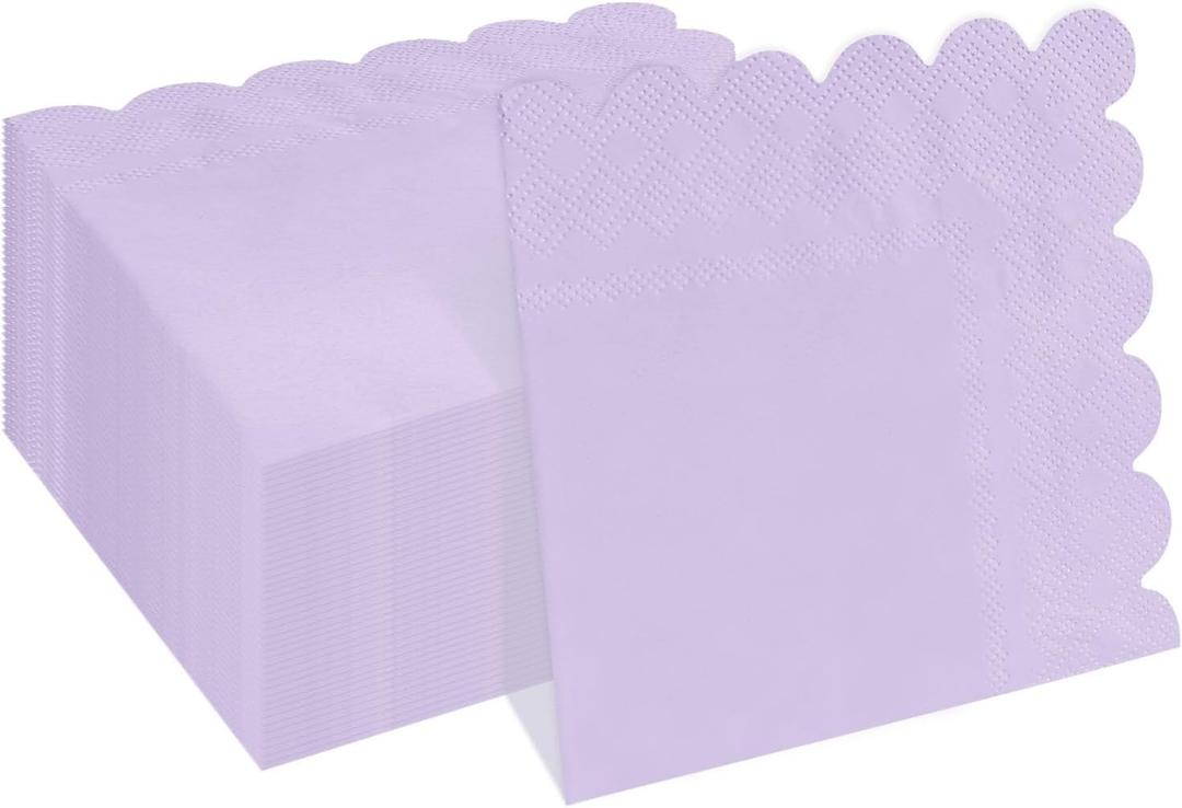 100 Pieces 2-Ply Light Purple Scalloped Napkins Folded 5 x 5 inch Disposable Cocktail Napkins Paper Napkins for Dinner Wedding Birthday Party Lavender Beverage Napkins
