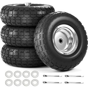 UPGRADED4.10/3.50-4 Tire and Wheel Flat Free, 10 Inch Solid Rubber Tire with 5/8Axle Bore Hole and Double Sealed Bearings, for Dolly Wheels/Hand Truck Wheels/Dump Cart4 Pack (Black)