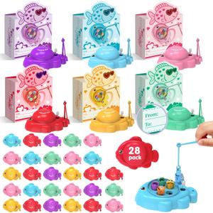 Valentines Day Gifts for Kids, 28Pcs Magnetic Fishing Game with Gift Cards Box, Wind-Up Fishing Toys with 360° Rotation for Girls Boys Ages 3-8 Valentines Party Favors Classroom School Exchange Prize