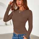 PRETTYGARDEN Womens Long Sleeve Shirts 2026 Fall Trendy Crewneck Slim Fit Asymmetrical Going Out Tops Ruched Tee Y2k Clothes (Brown, XL)