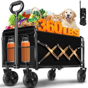 Wagons Carts Foldable, Collapsible Folding Wagon, Portable Folding Wagon Cart with Wheels, Outdoor Utility Carts for Groceries, Camping, Sports, Shopping, Black 27"D x 17.3"W x 46.5"H
