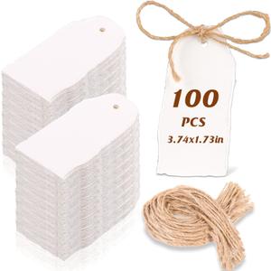 100 Pcs Handmade Deckled Edge Gift Tags with String Attached White 3.75X1.75Inch Hanging Tags for Labeling Thick 300 GSM Cotton Paper Name Cards for Handbags Crafts Clothing Price DIY Birthday