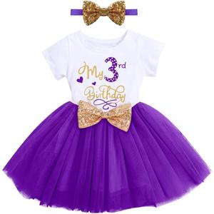 ODASDO Toddler Kids Girls My 3rd Third Birthday Party Dress Sequin Bowknot Headband Cake Smash Outfit Summer Cotton Short Sleeve A-line Tulle Tutu Princess Skirt Photo Props Purple 3 Years