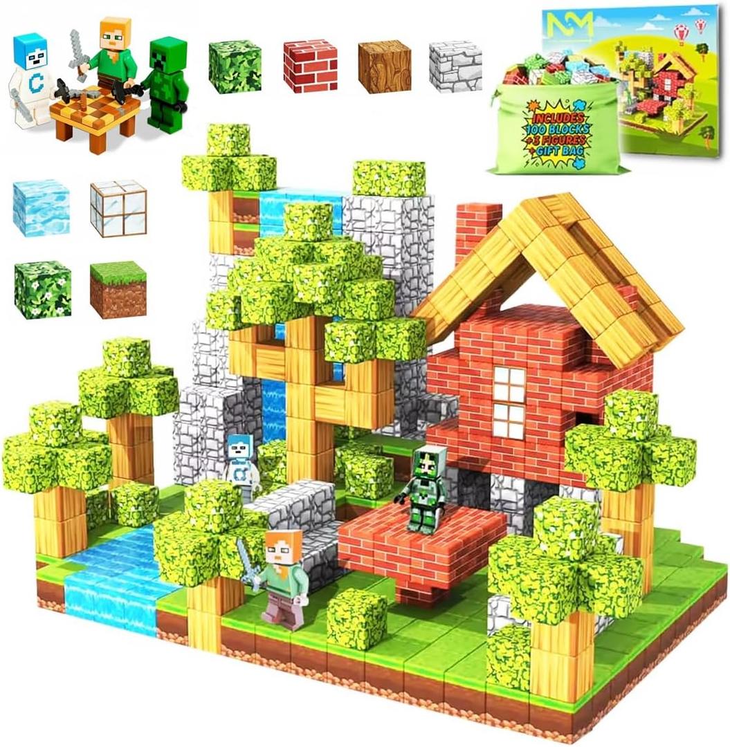 NMStore Magnetic Blocks - Build Mine Magnet World Edition - 100PCS + 3 Figures (with Accessories) + Gift Bag - for Toddlers Gifts for 3+ Years Old Girls Boys | 1" Magnet Cubes