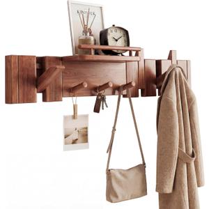 Mid Century Modern Walnut Foldable Entryway Wall Coat Hanger Hook with Shelf,Heavy Duty Wooden Piano Hidden Towel Hooks for Bathroom,Wall Rack for Purse&Key&Mail,Home Decor (Walnut, 7 Hooks)