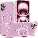 for iPhone 16 Case with Magnetic Invisible Stand [Compatible with Mag-Safe] [Military Drop Tested] Translucent Matte 16 Cover with Good Grip Curly Wave Edge for Women 6.1'', Pink