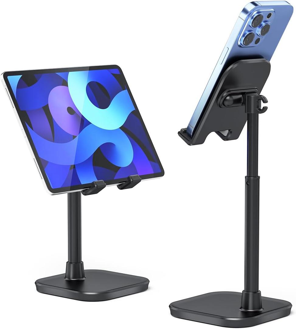 Cell Phone Stand, Adjustable Height Phone Stand for Desk, Eye Level Desktop Phone Holder Compatible with iPhone, Pro Max, Samsung, and All Mobile Phones up to 10'' (Black)