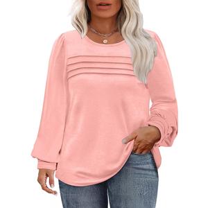 Eytino Womens Plus Size Tops Long Sleeve Blouse Crewneck Pleated Knit Casual Loose Fit Shirts(Pink, 5XL)