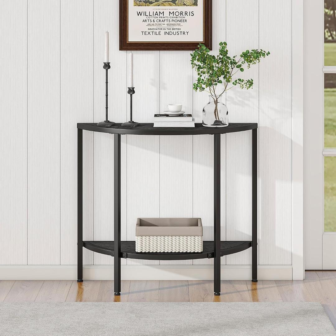 Console Table 2 Tier Narrow Entryway Table with Storage,Half Moon Sofa Couch Table with Metal Frame,Wooden Accent Side Coffee Table for Living Room/Hallway or Small Spaces,Black, 35.4"D x 11.8"W x 32.2"H