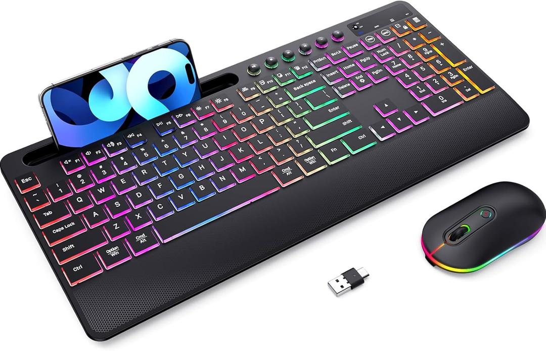 Wireless Keyboard and Mouse Combo - Dual System RGB Backlit Mouse and Keyboard,2.4G Rechargeable,Full-Sized Ergonomic Silent Design with Phone Holder for Windows Mac PC Laptop (Black-V2)