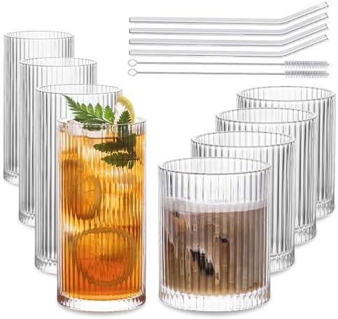 INSETLAN Set of 6 Vintage Glassware - 3 Highball Glasses 12 oz, 3 Rocks Glass Cups 14 oz, Ribbed Glassware Cocktail Glasses, Ideal for Wine, Juice, Water, Ice Coffee Cup, Whiskey, Mixed Drinkware