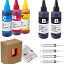 4 Color Ink Refill kit for HP 950 951 932 933 60 61 952 902 901 62 63 21 22 920 940 934 564 711 970 971 94 95 96 Ink Cartridge (2 Black 1 Cyan 1 Magenta 1 Yellow) 100ML x5 Bottle with Syringe