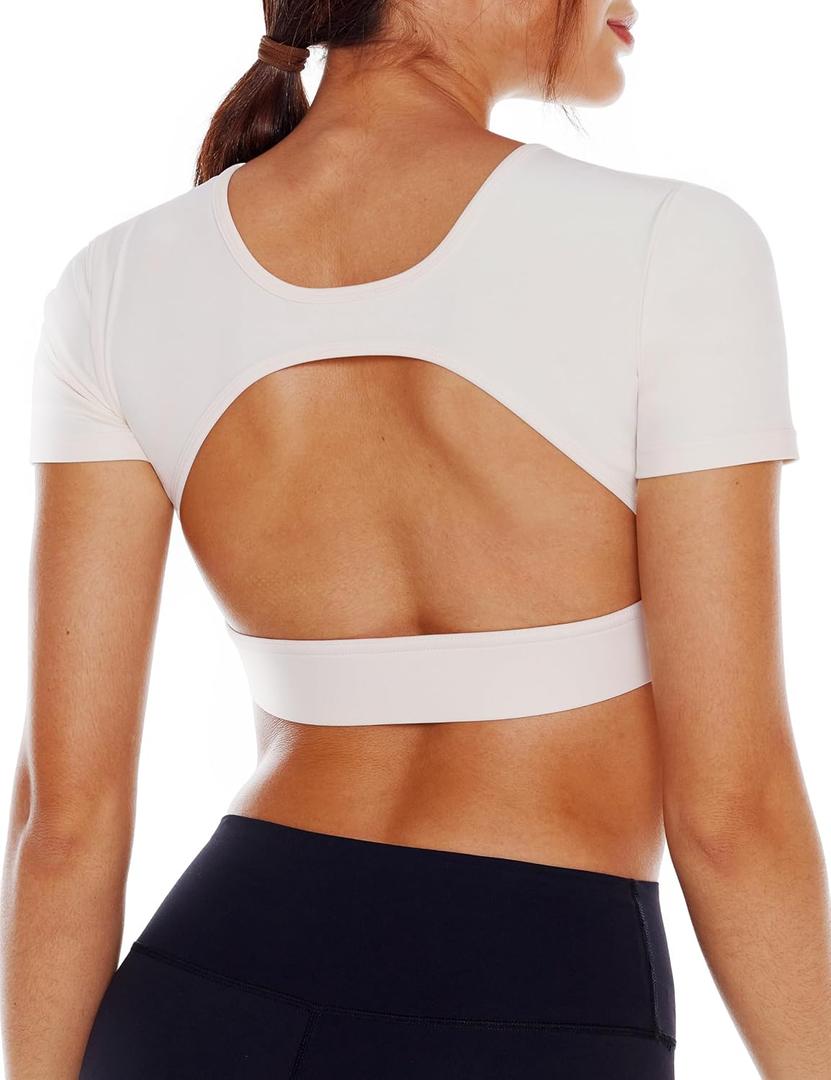 Open Back Workout Crop Tops for Women Backless Yoga Shirts Gym Short Sleeve Mild Support Compression Tee with Bra (Small, Creamy White)