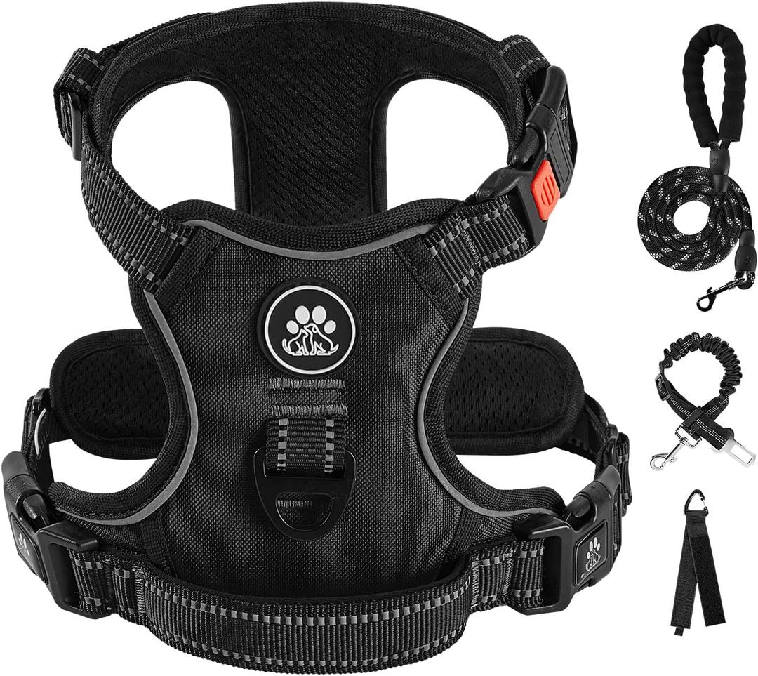 IVY&LANE No Pull Dog Harness for Large Dogs, Dog Vest Harness with Leash, Safety Belt and Storage Strap, Fully Adjustable Harness, 360 Reflective Strip, Soft Handle (Black, L)