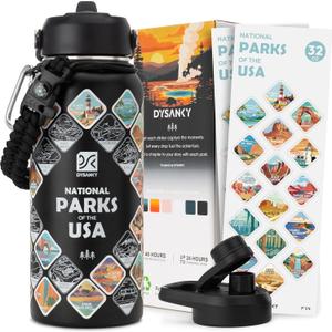 National Parks Water Bottle  32 oz Insulated Stainless Steel Water Jug with 63 Hand-Drawn Park Stickers, Outdoor Accessories & Gift Box  BPA-Free  Ideal for Hiking, Camping & Travel (Advanced Black)